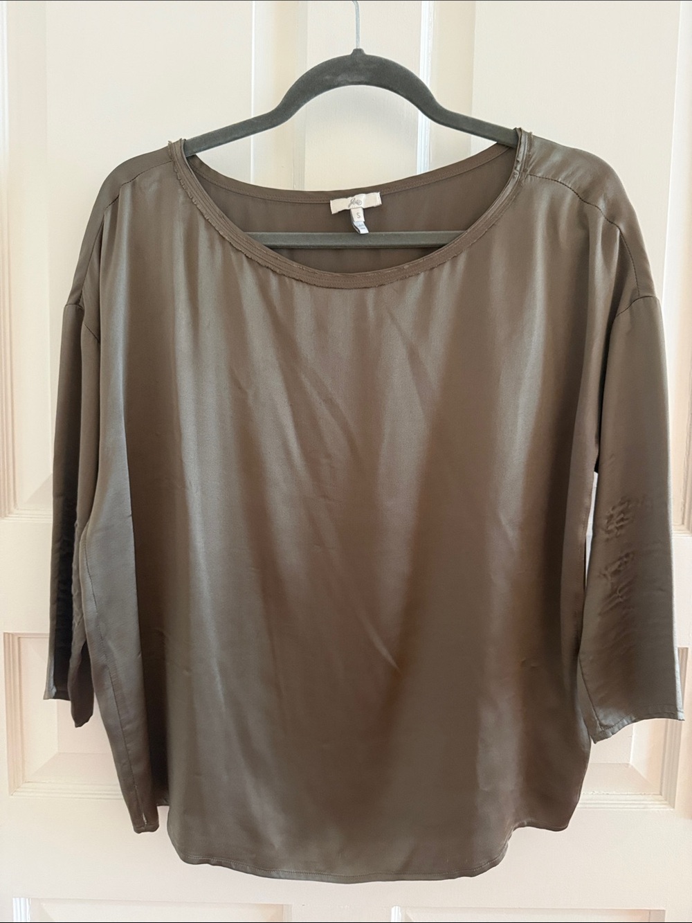 Joie Olive Satin Round-Neck Blouse